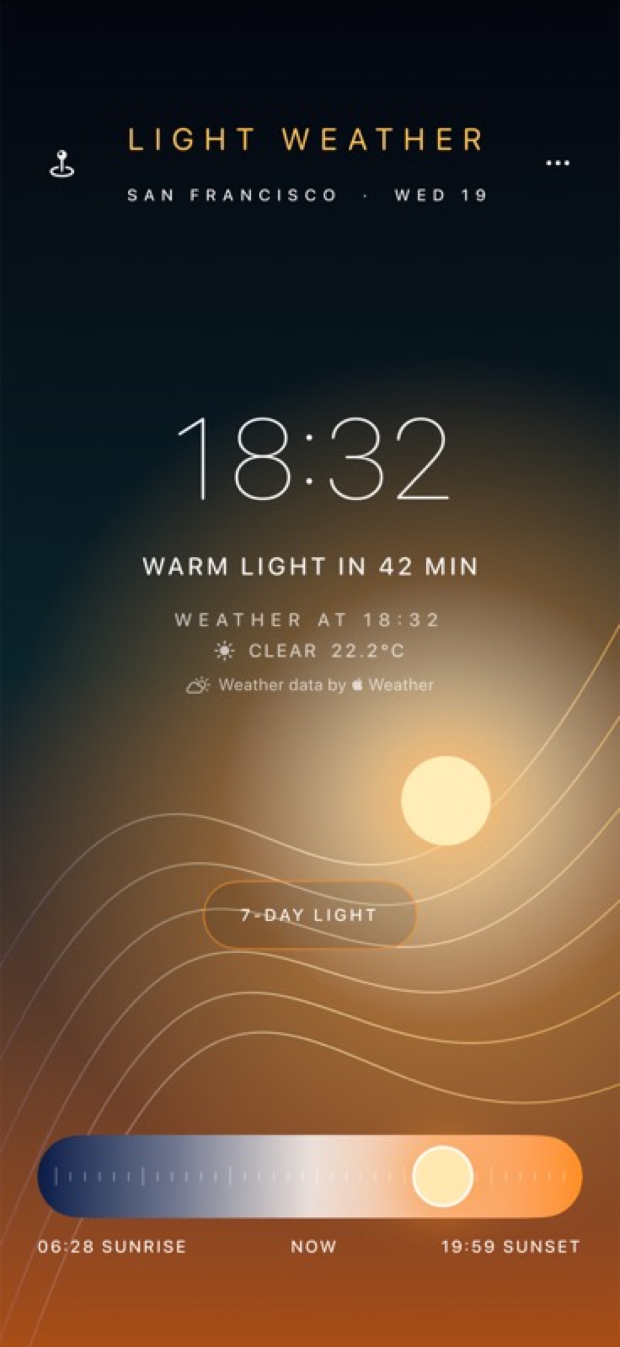 LIGHT WEATHER Today screen showing current light and weather
